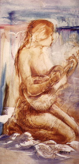 Girl and Guitar at Beach. Click here to see enlargement. © Ruth Mayer Fine Art.